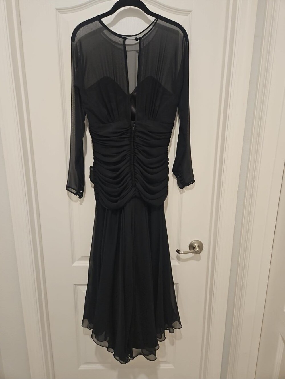 Vintage Tadashi Black Chiffon Dress Size 4 Ruched Rosette Made in USA